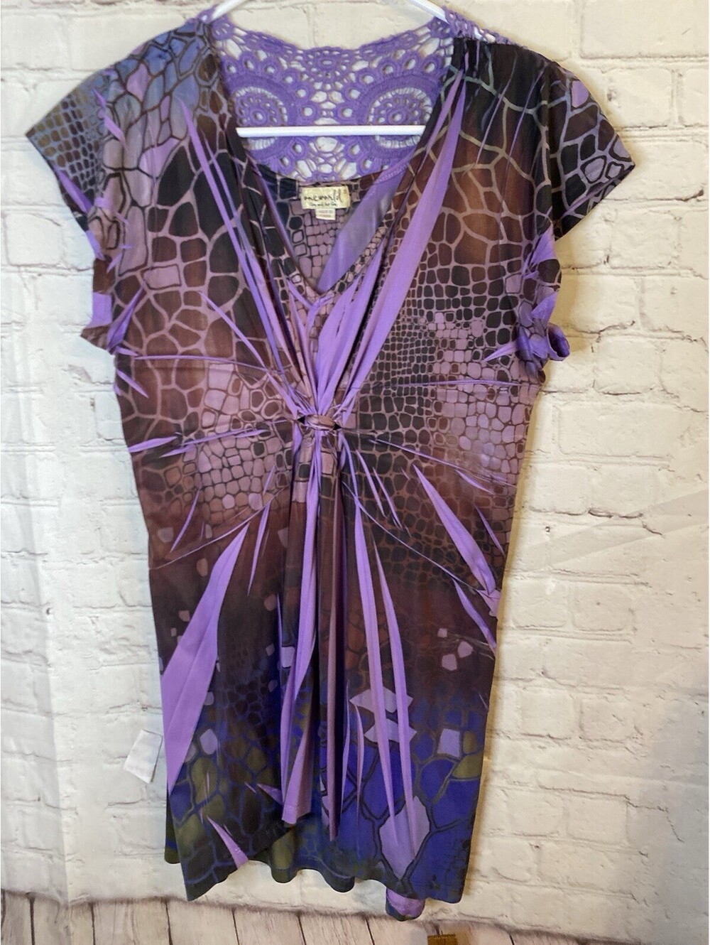 Y2K One World Art Wear Purple Blue Abstract Tunic Top Lace S